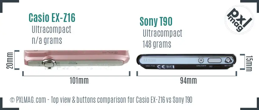 Casio EX-Z16 vs Sony T90 top view buttons comparison