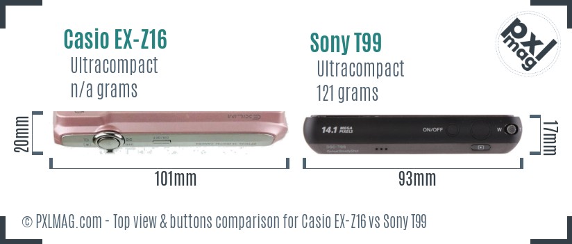 Casio EX-Z16 vs Sony T99 top view buttons comparison Casio EX-Z16 vs Sony T99 top view buttons comparison