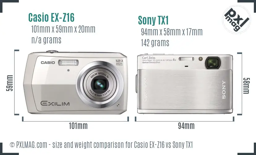 Casio EX-Z16 vs Sony TX1 size comparison