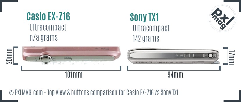Casio EX-Z16 vs Sony TX1 top view buttons comparison
