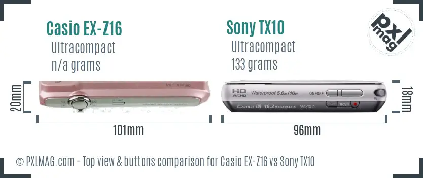 Casio EX-Z16 vs Sony TX10 top view buttons comparison Casio EX-Z16 vs Sony TX10 top view buttons comparison