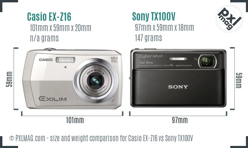 Casio EX-Z16 vs Sony TX100V size comparison