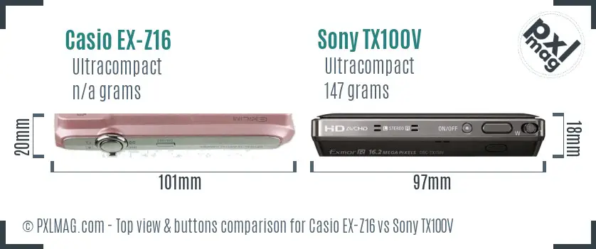 Casio EX-Z16 vs Sony TX100V top view buttons comparison