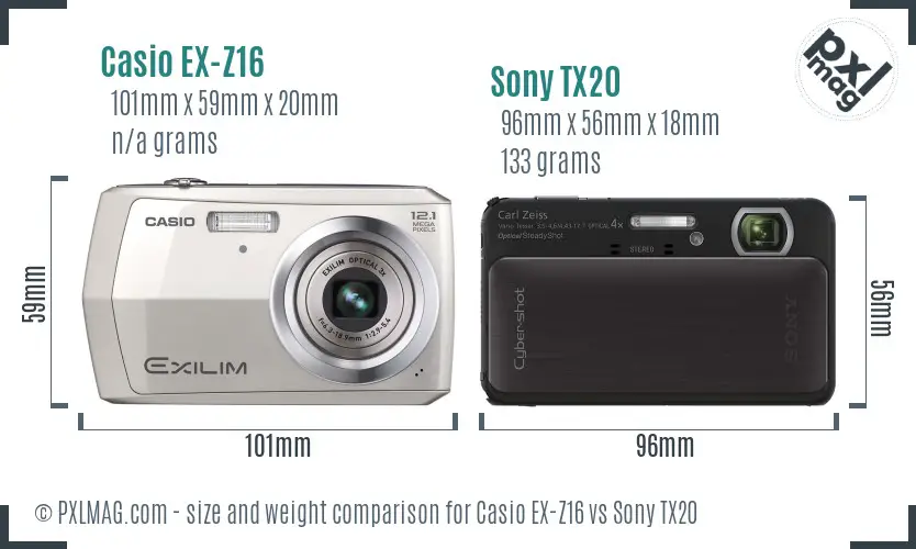 Casio EX-Z16 vs Sony TX20 size comparison