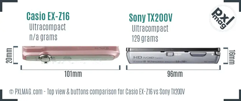 Casio EX-Z16 vs Sony TX200V top view buttons comparison