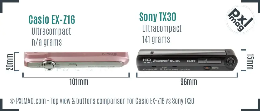 Casio EX-Z16 vs Sony TX30 top view buttons comparison