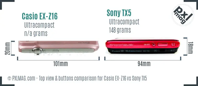 Casio EX-Z16 vs Sony TX5 top view buttons comparison