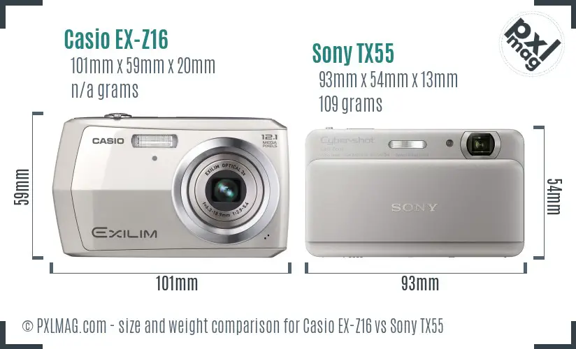 Casio EX-Z16 vs Sony TX55 size comparison