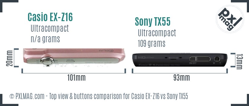 Casio EX-Z16 vs Sony TX55 top view buttons comparison