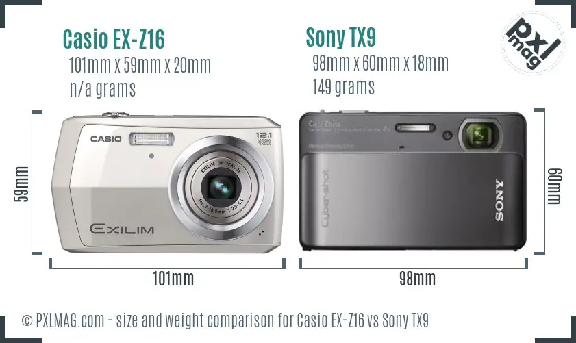 Casio EX-Z16 vs Sony TX9 size comparison