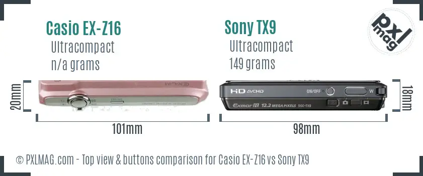 Casio EX-Z16 vs Sony TX9 top view buttons comparison
