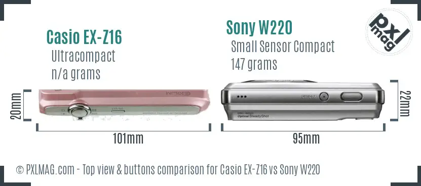 Casio EX-Z16 vs Sony W220 top view buttons comparison