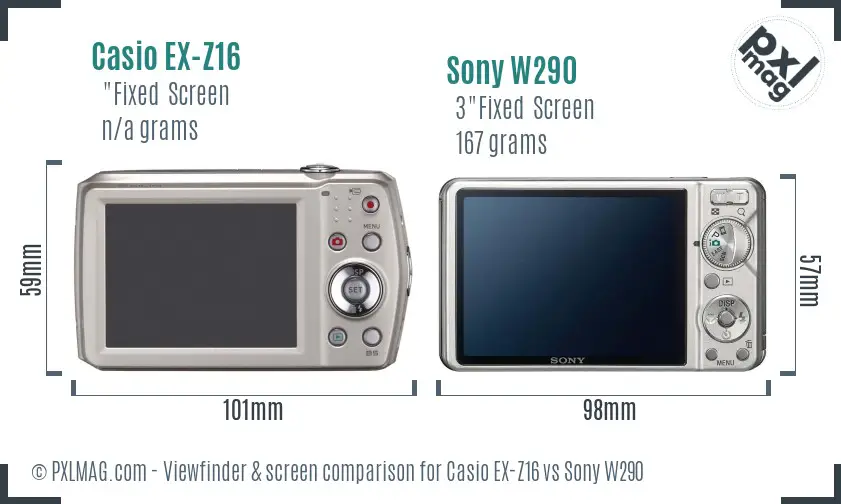 Casio EX-Z16 vs Sony W290 Screen and Viewfinder comparison