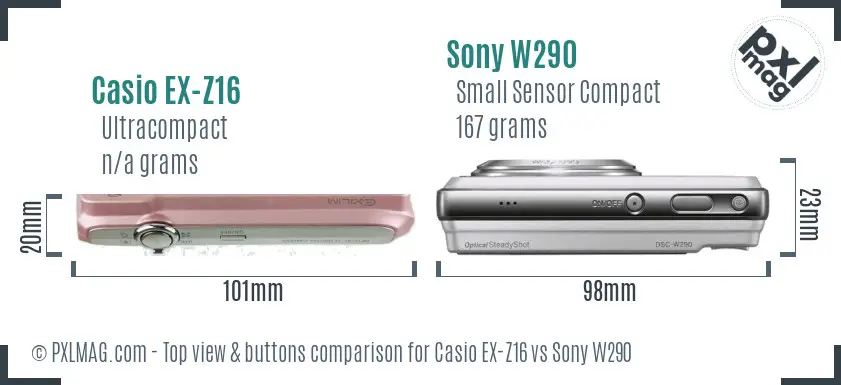 Casio EX-Z16 vs Sony W290 top view buttons comparison
