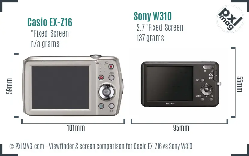 Casio EX-Z16 vs Sony W310 Screen and Viewfinder comparison