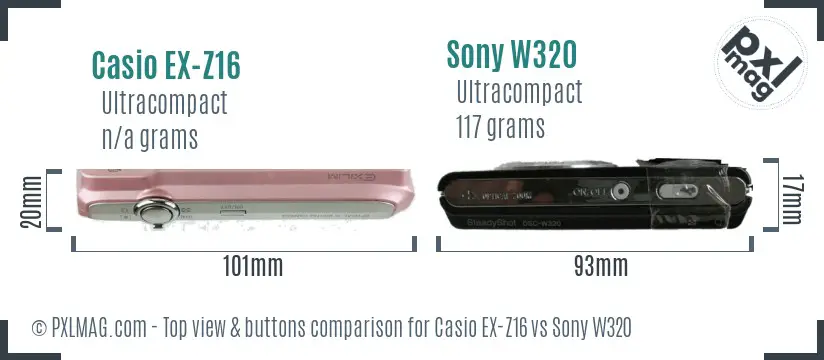 Casio EX-Z16 vs Sony W320 top view buttons comparison