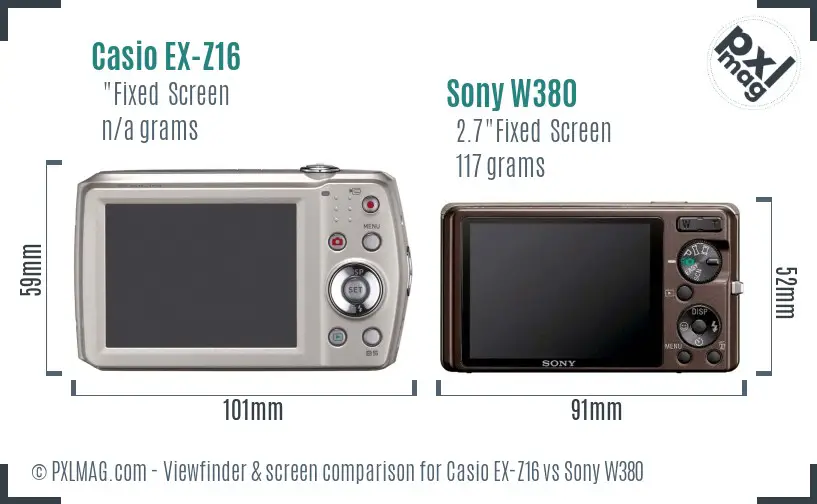 Casio EX-Z16 vs Sony W380 Screen and Viewfinder comparison