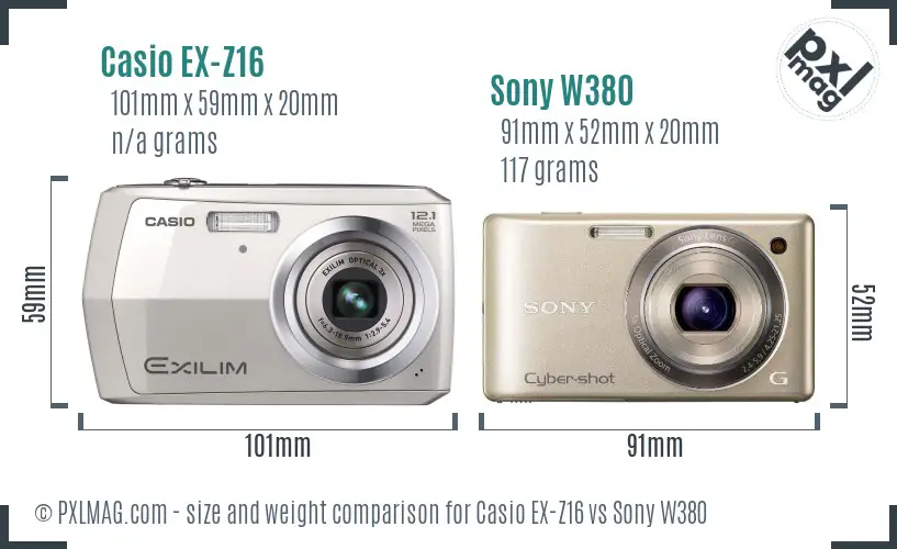 Casio EX-Z16 vs Sony W380 size comparison