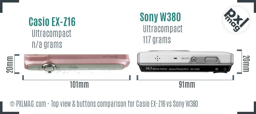 Casio EX-Z16 vs Sony W380 top view buttons comparison