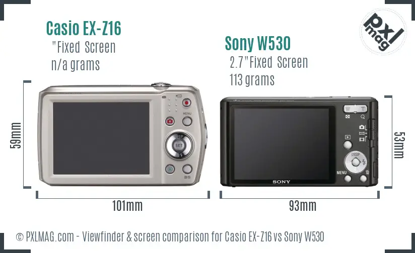 Casio EX-Z16 vs Sony W530 Screen and Viewfinder comparison