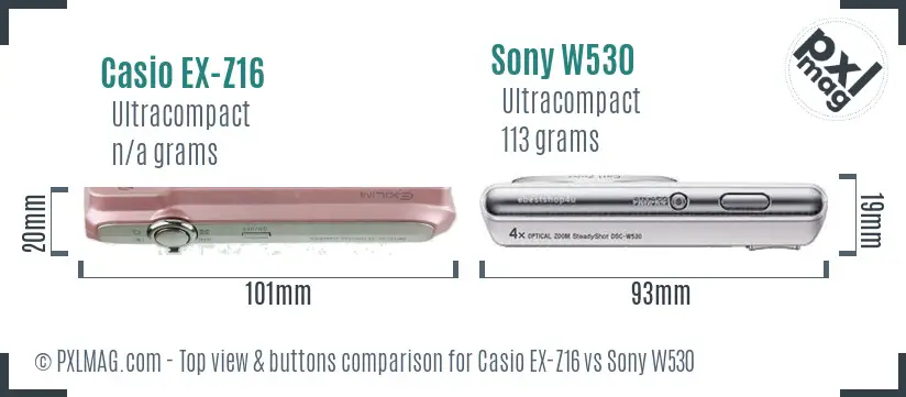 Casio EX-Z16 vs Sony W530 top view buttons comparison