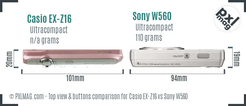 Casio EX-Z16 vs Sony W560 top view buttons comparison