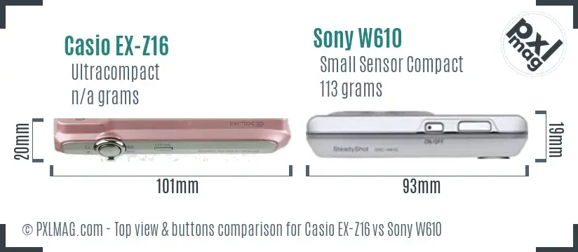 Casio EX-Z16 vs Sony W610 top view buttons comparison Casio EX-Z16 vs Sony W610 top view buttons comparison