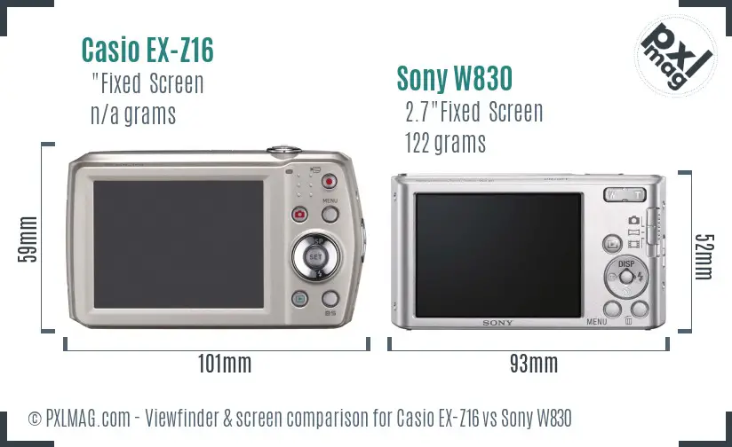 Casio EX-Z16 vs Sony W830 Screen and Viewfinder comparison