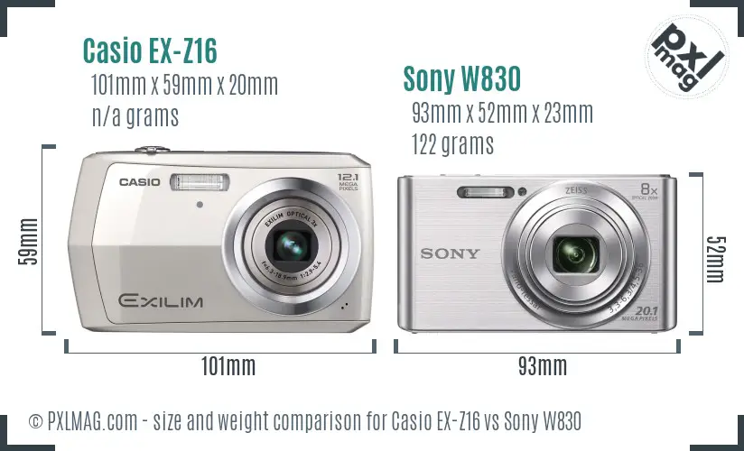 Casio EX-Z16 vs Sony W830 size comparison