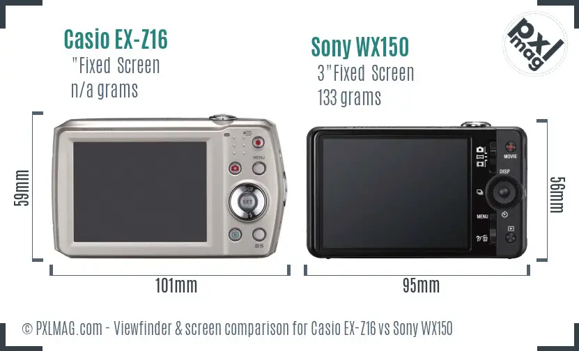 Casio EX-Z16 vs Sony WX150 Screen and Viewfinder comparison