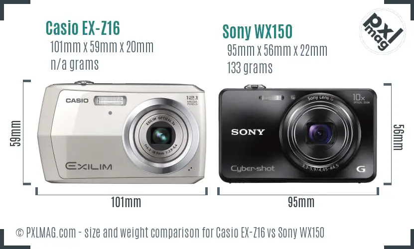 Casio EX-Z16 vs Sony WX150 size comparison