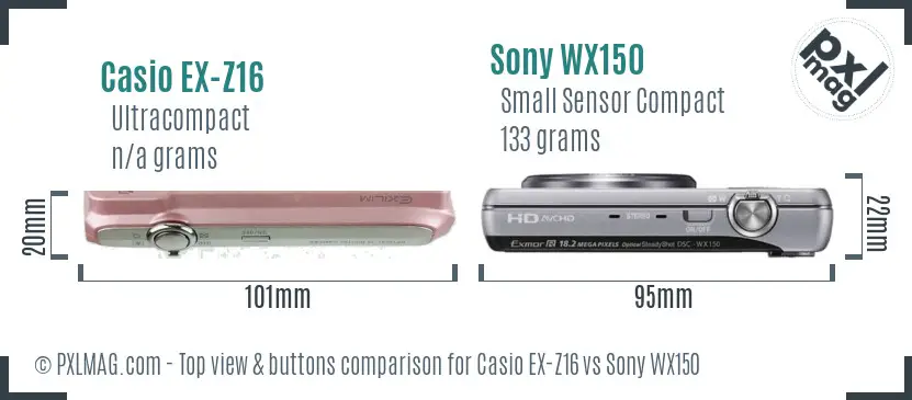 Casio EX-Z16 vs Sony WX150 top view buttons comparison