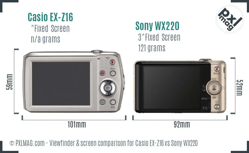 Casio EX-Z16 vs Sony WX220 Screen and Viewfinder comparison