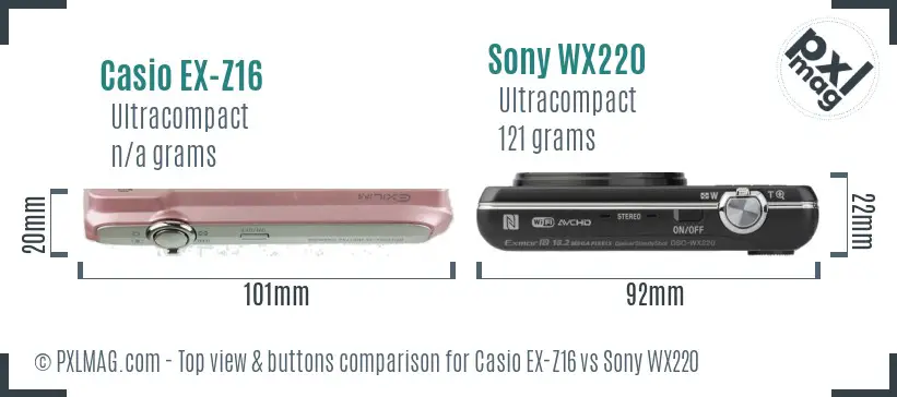 Casio EX-Z16 vs Sony WX220 top view buttons comparison