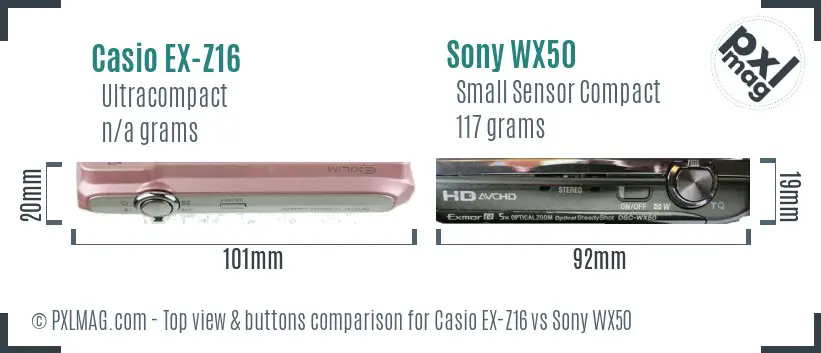 Casio EX-Z16 vs Sony WX50 top view buttons comparison