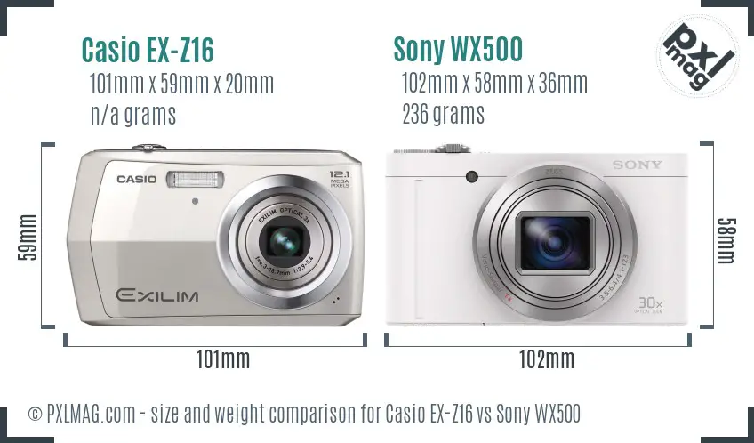Casio EX-Z16 vs Sony WX500 size comparison