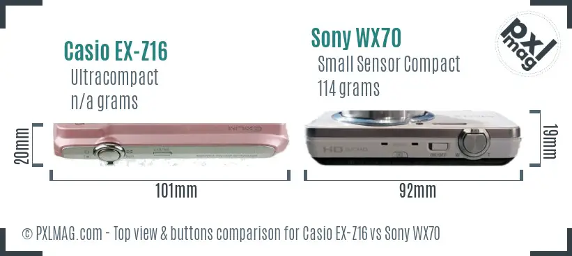 Casio EX-Z16 vs Sony WX70 top view buttons comparison Casio EX-Z16 vs Sony WX70 top view buttons comparison