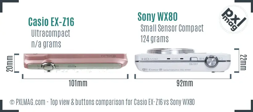 Casio EX-Z16 vs Sony WX80 top view buttons comparison Casio EX-Z16 vs Sony WX80 top view buttons comparison