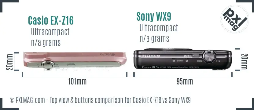 Casio EX-Z16 vs Sony WX9 top view buttons comparison