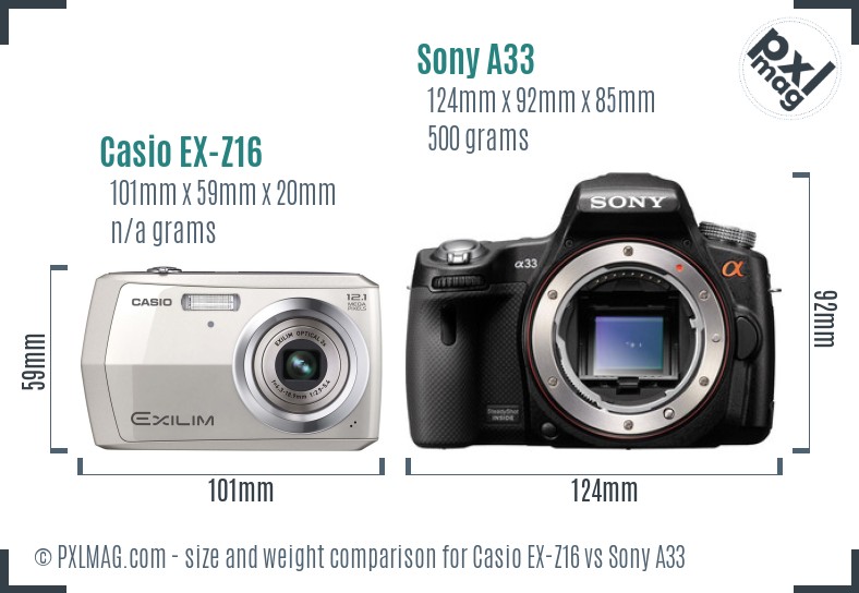 Casio EX-Z16 vs Sony A33 size comparison