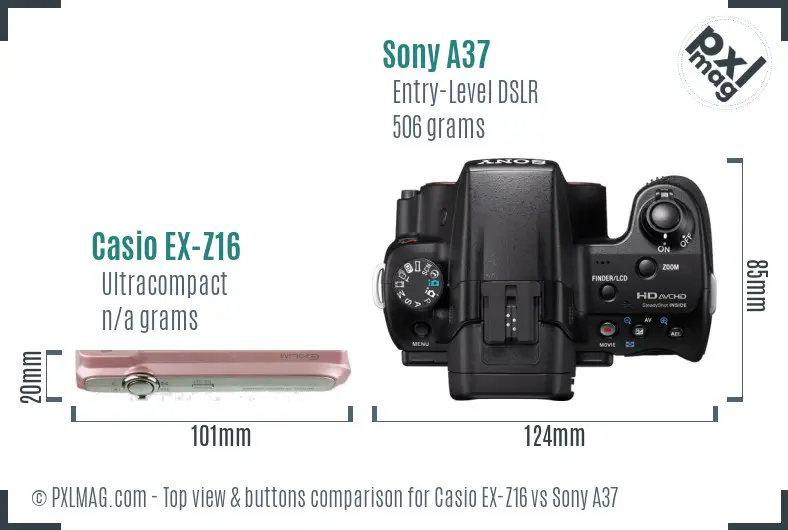 Casio EX-Z16 vs Sony A37 top view buttons comparison Casio EX-Z16 vs Sony A37 top view buttons comparison