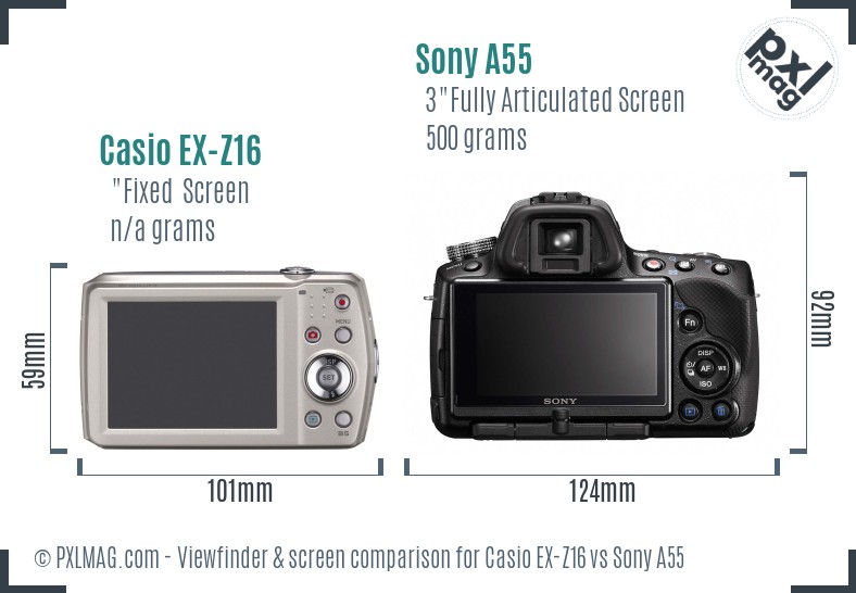 Casio EX-Z16 vs Sony A55 Screen and Viewfinder comparison