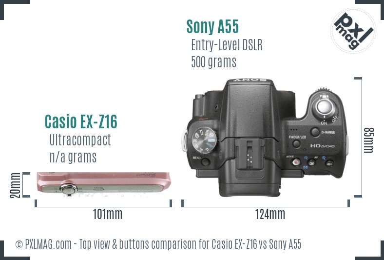 Casio EX-Z16 vs Sony A55 top view buttons comparison