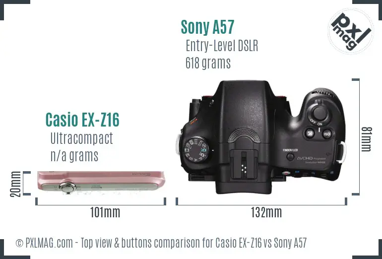 Casio EX-Z16 vs Sony A57 top view buttons comparison Casio EX-Z16 vs Sony A57 top view buttons comparison