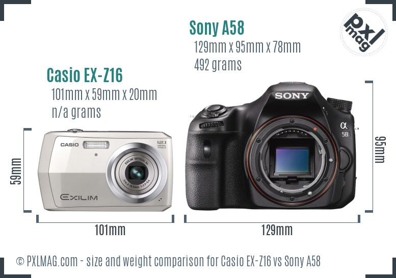 Casio EX-Z16 vs Sony A58 size comparison