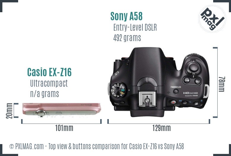 Casio EX-Z16 vs Sony A58 top view buttons comparison