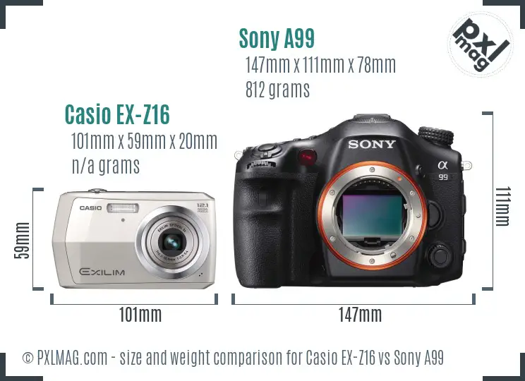 Casio EX-Z16 vs Sony A99 size comparison