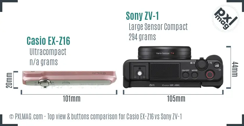 Casio EX-Z16 vs Sony ZV-1 top view buttons comparison Casio EX-Z16 vs Sony ZV-1 top view buttons comparison