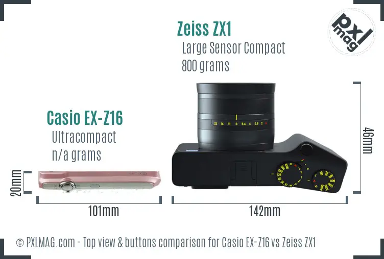 Casio EX-Z16 vs Zeiss ZX1 top view buttons comparison