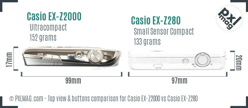 Casio EX-Z2000 vs Casio EX-Z280 top view buttons comparison